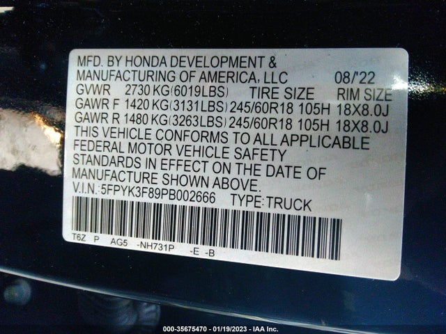 2023 Honda Ridgeline, VIN: 5FPYK3F89PB002666