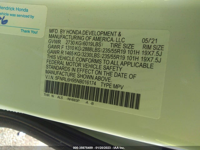 2022 Honda Odyssey, VIN: 5FNRL6H95NB016174