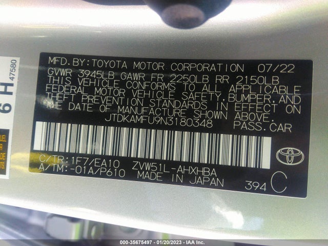 2022 TOYOTA PRIUS L VIN: JTDKAMFU9N3180348