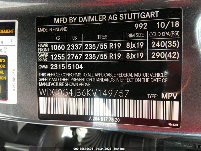 2019 Mercedes-Benz GLC-Class, VIN: WDC0G4JB6KV149757