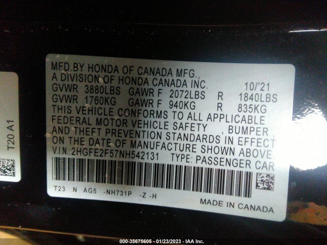 2022 HONDA CIVIC SEDAN SPORT VIN: 2HGFE2F57NH542131
