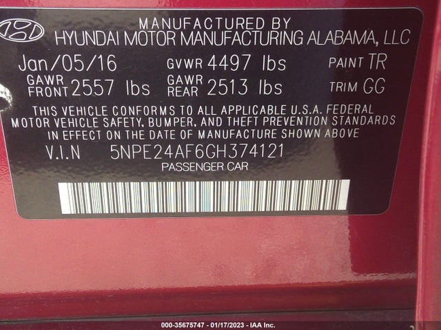 2016 HYUNDAI SONATA 2.4L SE VIN: 5NPE24AF6GH374121