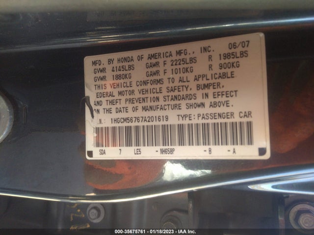 2007 HONDA ACCORD SDN EX/EX-L VIN: 1HGCM56767A201619