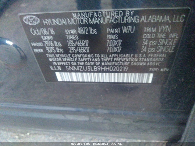 2017 Hyundai Santa Fe, VIN: 5NMZU3LB9HH020219