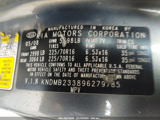 2009 KIA SEDONA LX VIN: KNDMB233896279785