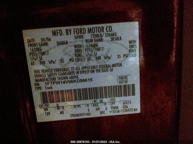2006 FORD F-150 XLT/FX4/LARIAT/KING RANCH VIN: 1FTPW14V96KD56615