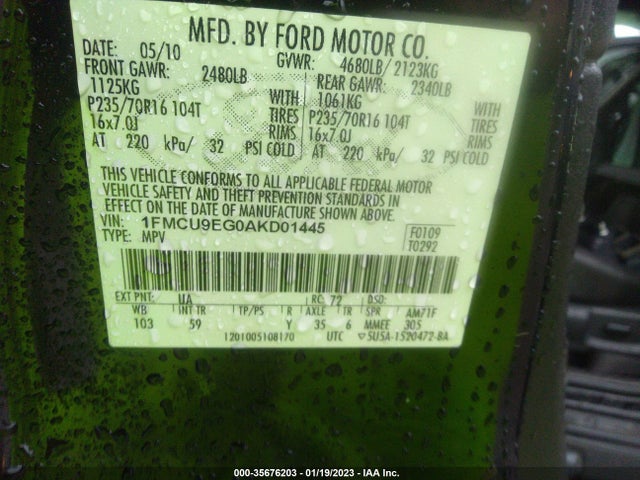 2010 FORD ESCAPE LIMITED VIN: 1FMCU9EG0AKD01445