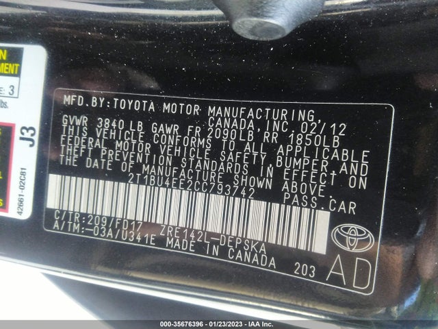 2012 TOYOTA COROLLA L/LE/S VIN: 2T1BU4EE2CC793742