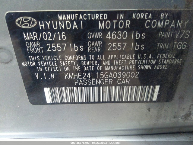 2016 HYUNDAI SONATA HYBRID SE VIN: KMHE24L15GA039002