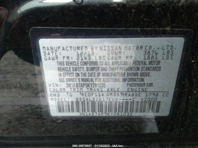 3N1AB7AP9KY281035 Nissan SENTRA SV
