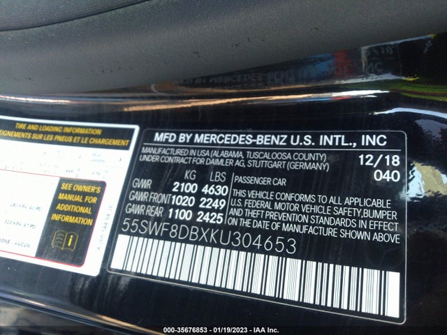 2019 Mercedes-Benz C-Class, VIN: 55SWF8DBXKU304653