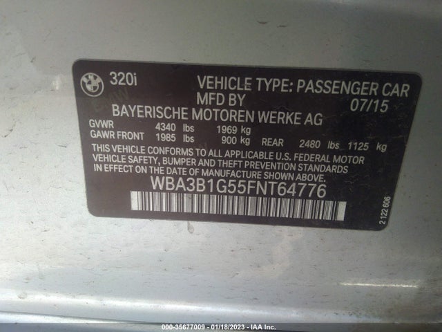 2015 BMW 3 SERIES 320I VIN: WBA3B1G55FNT64776