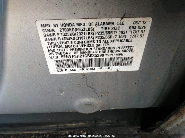 Aukcja sprzedaży 2012 Honda Pilot Lx, vin: 5FNYF3H21CB035399, numer aukcji: 35677015