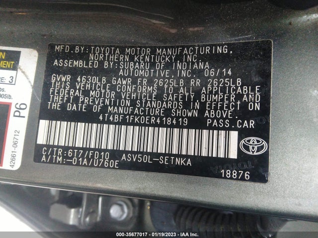 2014 TOYOTA CAMRY L/LE/XLE/SE/SE SPORT VIN: 4T4BF1FK0ER418419