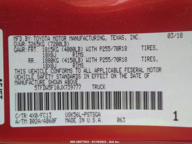 2018 Toyota Tundra, VIN: 5TFDW5F10JX739777