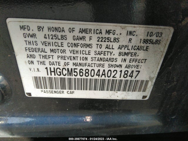 2004 HONDA ACCORD SDN EX VIN: 1HGCM56804A021847