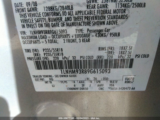 2009 LINCOLN MKS VIN: 1LNHM93R89G615093