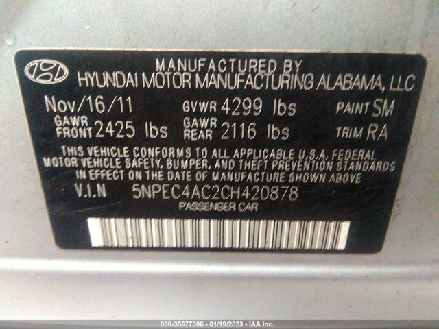 2012 HYUNDAI SONATA 2.4L LIMITED PZEV VIN: 5NPEC4AC2CH420878