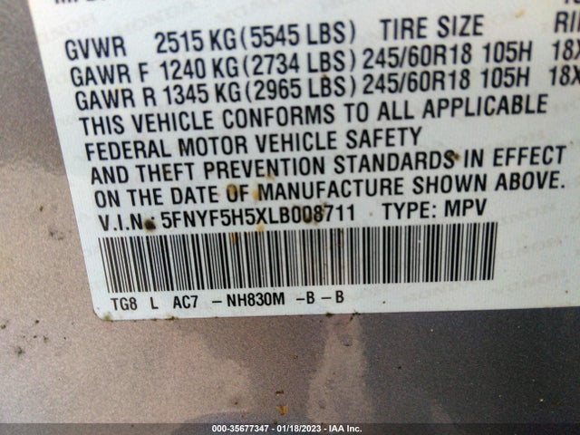 2020 Honda Pilot, VIN: 5FNYF5H5XLB008711