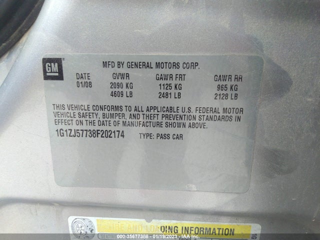 2008 CHEVROLET MALIBU LT W/2LT VIN: 1G1ZJ57738F202174
