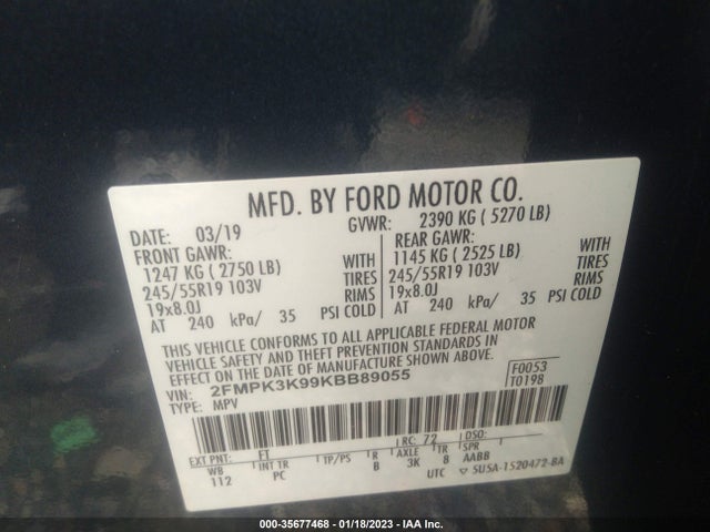 2019 FORD EDGE TITANIUM VIN: 2FMPK3K99KBB89055
