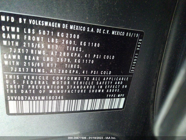 2019 VOLKSWAGEN TIGUAN S VIN: 3VV0B7AX9KM160345
