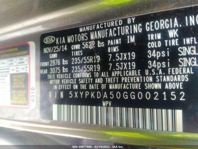 5XYPKDA50GG002152 KIA SORENTO SX
