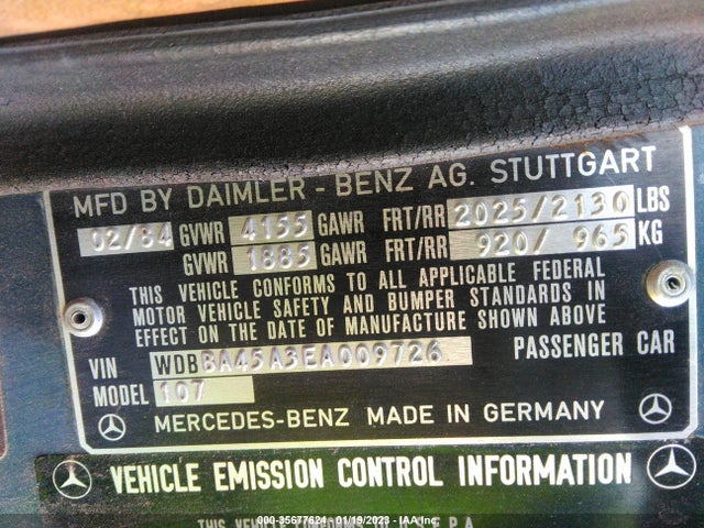 1984 MERCEDES-BENZ 380 SL VIN: WDBBA45A3EA009726