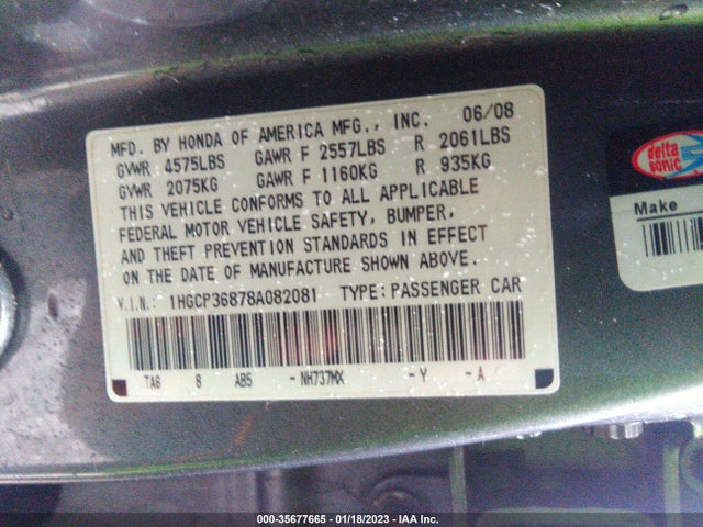 2008 HONDA ACCORD SDN EX-L VIN: 1HGCP36878A082081