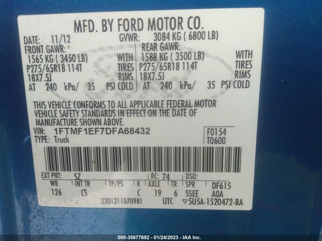 2013 FORD F-150 XL/STX/XLT VIN: 1FTMF1EF7DFA68432