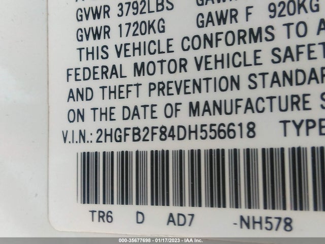 2013 HONDA CIVIC SDN EX VIN: 2HGFB2F84DH556618
