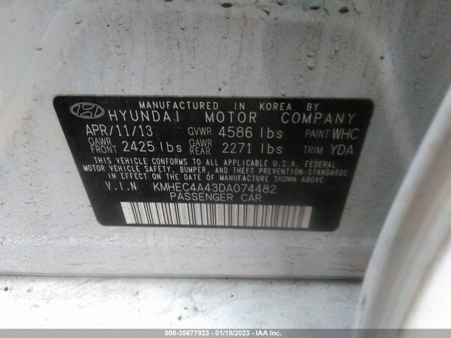 2013 HYUNDAI SONATA HYBRID LIMITED VIN: KMHEC4A43DA074482