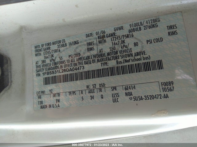 2006 FORD ECONOLINE WAGON XL/XLT VIN: 1FBSS31L26DA04473