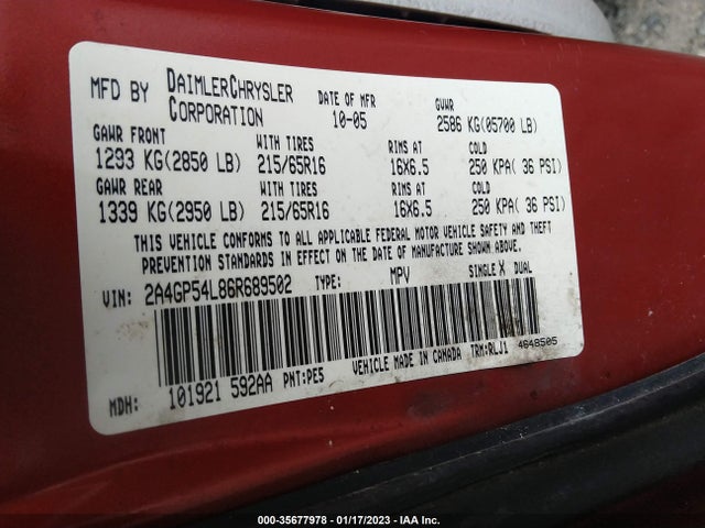 2006 CHRYSLER TOWN & COUNTRY LWB TOURING VIN: 2A4GP54L86R689502