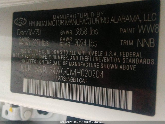 2021 HYUNDAI ELANTRA SEL VIN: 5NPLS4AG0MH020204