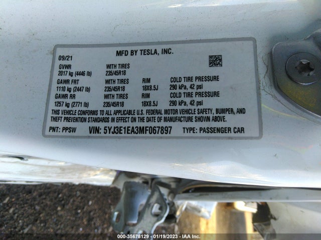 Tesla Model 3 Standard Range Plus 2021 5YJ3E1EA3MF067897 Image 10