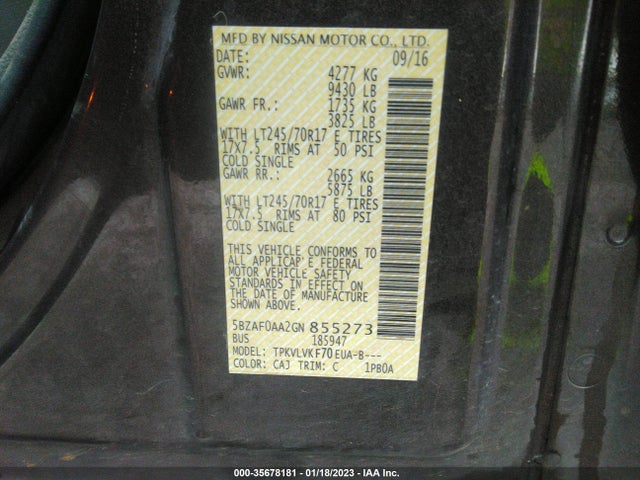 2016 Nissan NV, VIN: 5BZAF0AA2GN855273