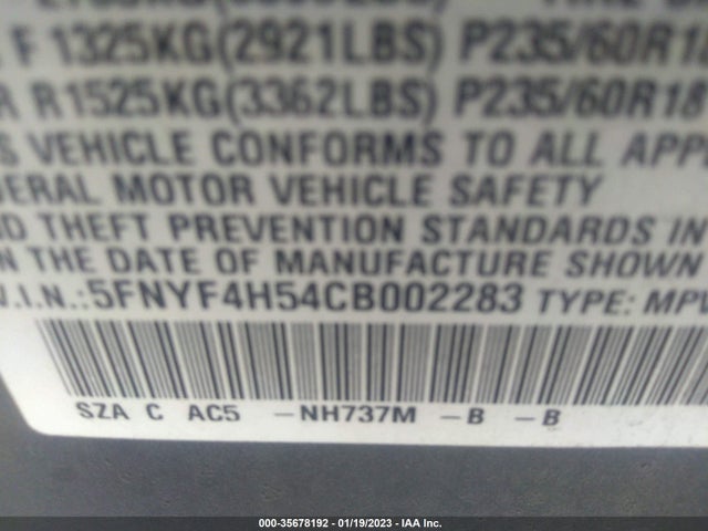 35678192 :رقم المزاد ، 5FNYF4H54CB002283 vin ، 2012 Honda Pilot Ex-l مزاد بيع