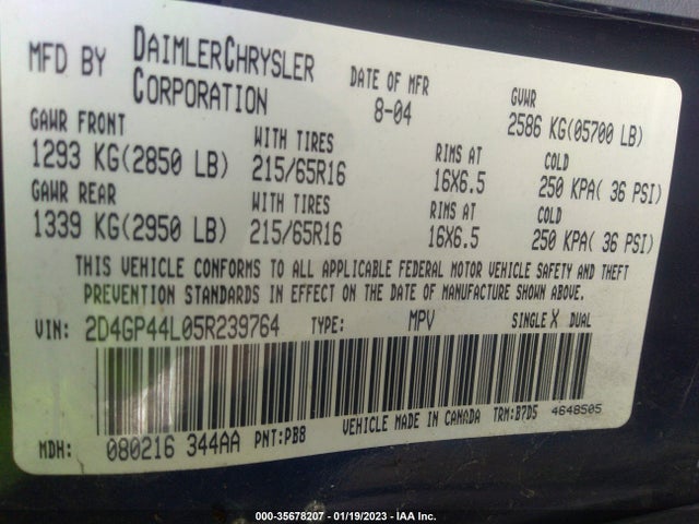 2005 DODGE GRAND CARAVAN SXT VIN: 2D4GP44L05R239764