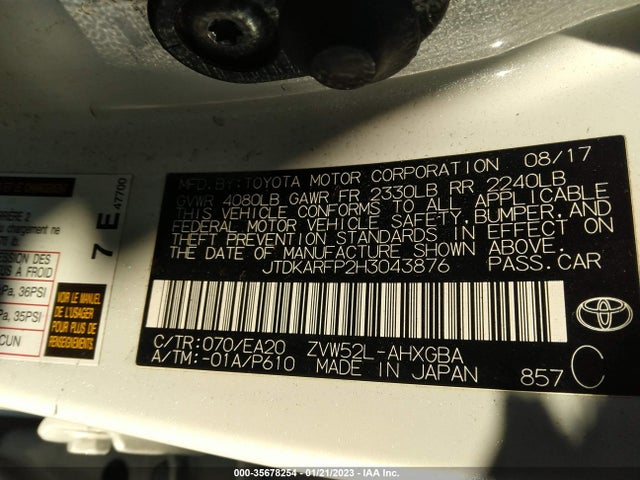2017 TOYOTA PRIUS PRIME PLUS/PREMIUM/ADVANCED VIN: JTDKARFP2H3043876