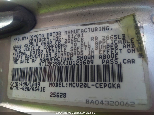 2001 TOYOTA CAMRY LE/XLE VIN: 4T1BF28KX1U123609