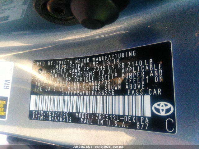 2020 TOYOTA COROLLA LE VIN: 5YFEPRAE8LP066256