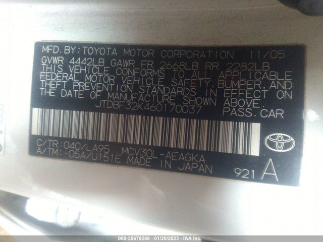 2006 TOYOTA CAMRY V6 VIN: JTDBF32K460170037