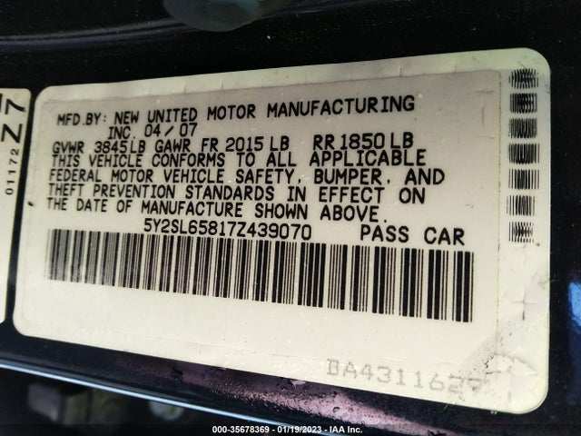 2007 PONTIAC VIBE VIN: 5Y2SL65817Z439070