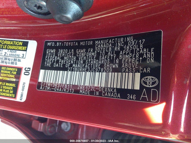 2018 TOYOTA COROLLA L/LE/XLE/SE/XSE VIN: 2T1BURHE3JC978209