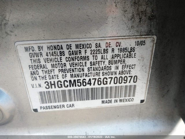 2006 HONDA ACCORD SDN LX VIN: 3HGCM56476G700970