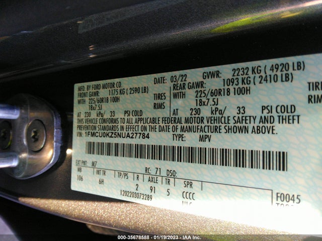 2022 Ford Escape, VIN: 1FMCU0KZ5NUA27784