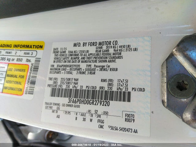 2016 Ford Fusion, VIN: 3FA6P0HD0GR279320