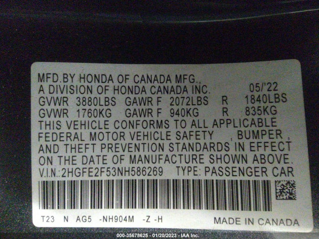 2022 Honda Civic, VIN: 2HGFE2F53NH586269