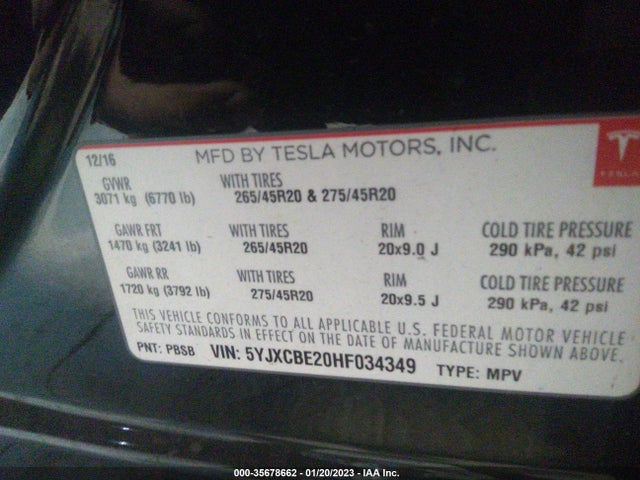 2017 Tesla Model X, VIN: 5YJXCBE20HF034349